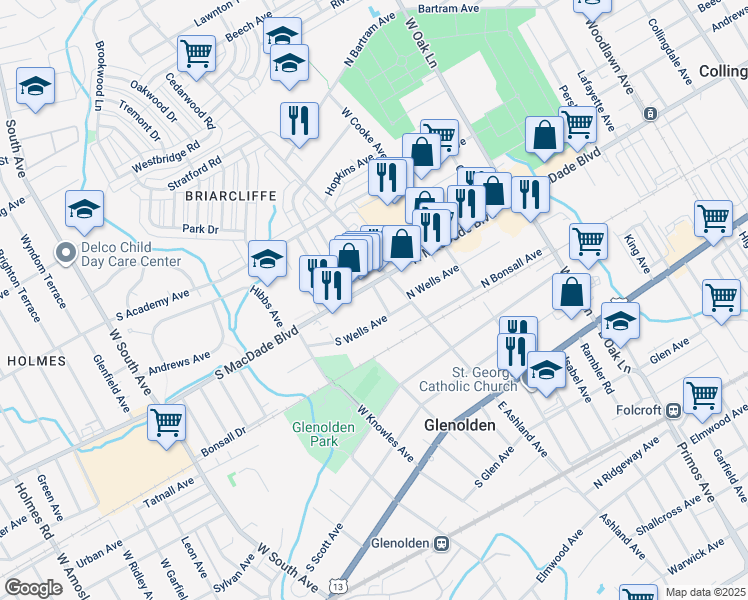 map of restaurants, bars, coffee shops, grocery stores, and more near 416 Custer Avenue in Glenolden