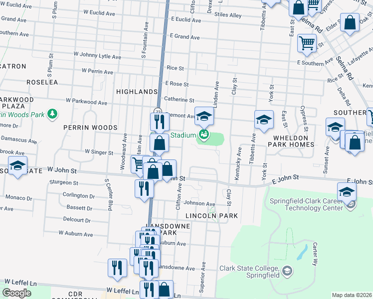 map of restaurants, bars, coffee shops, grocery stores, and more near 1802 Clifton Avenue in Springfield