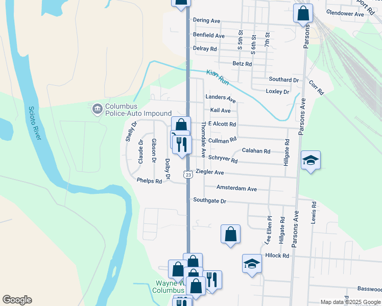 map of restaurants, bars, coffee shops, grocery stores, and more near 2800 South High Street in Columbus
