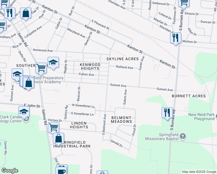 map of restaurants, bars, coffee shops, grocery stores, and more near 2001 Sunset Avenue in Springfield