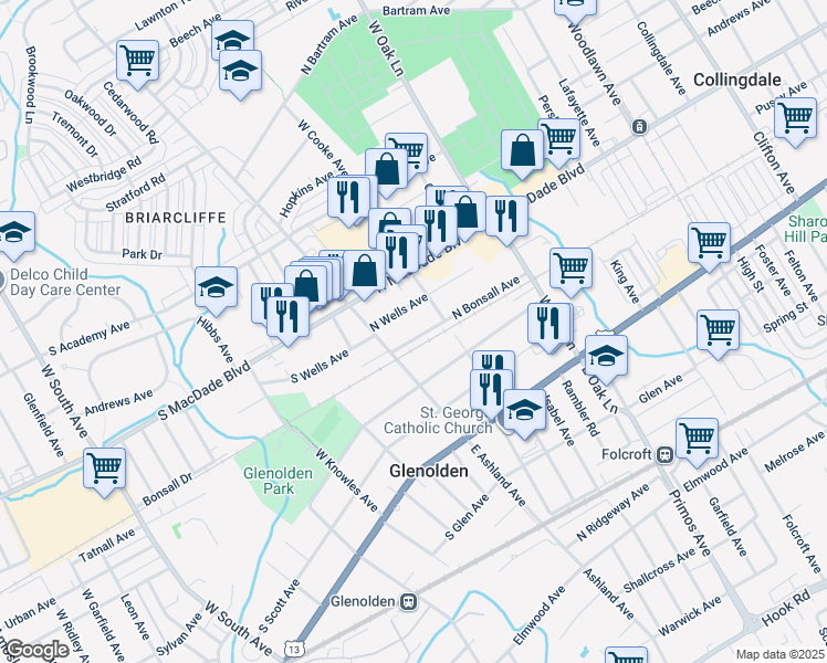 map of restaurants, bars, coffee shops, grocery stores, and more near 28 North Bonsall Avenue in Glenolden