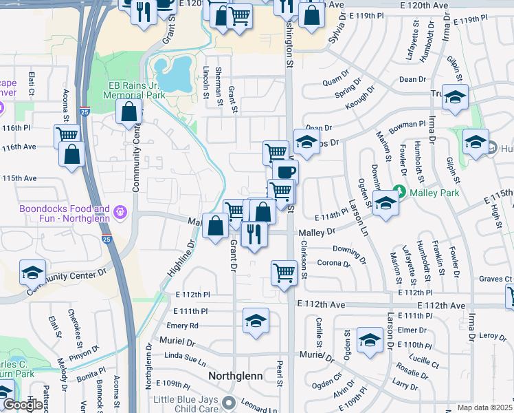 map of restaurants, bars, coffee shops, grocery stores, and more near 11429 Pearl Street in Northglenn
