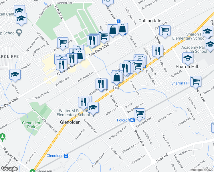 map of restaurants, bars, coffee shops, grocery stores, and more near 51 W Oak Ln in Glenolden