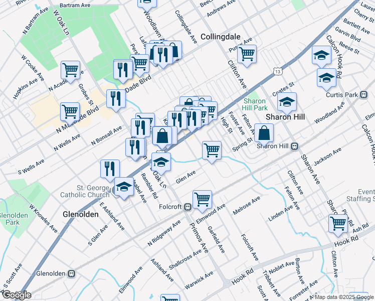 map of restaurants, bars, coffee shops, grocery stores, and more near 116 Folcroft Avenue in Folcroft