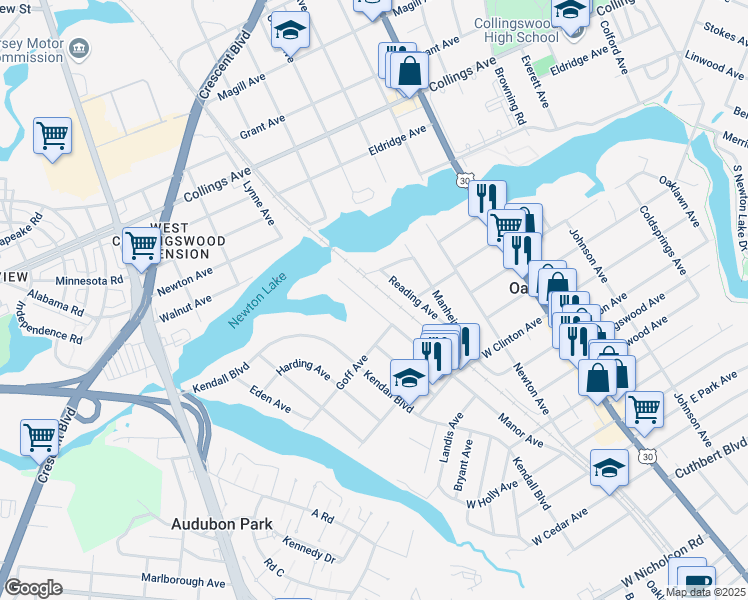 map of restaurants, bars, coffee shops, grocery stores, and more near 33 Manor Avenue in Oaklyn