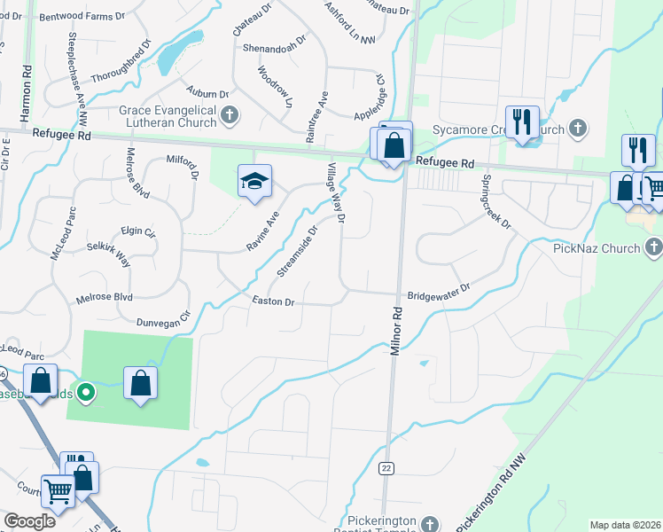 map of restaurants, bars, coffee shops, grocery stores, and more near 11724 Village Way Drive in Pickerington