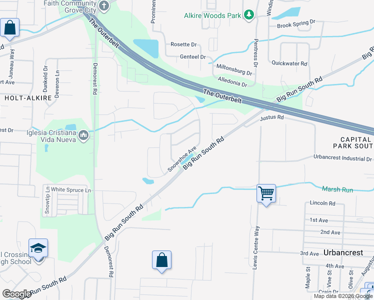 map of restaurants, bars, coffee shops, grocery stores, and more near 3876 Snowshoe Avenue in Grove City