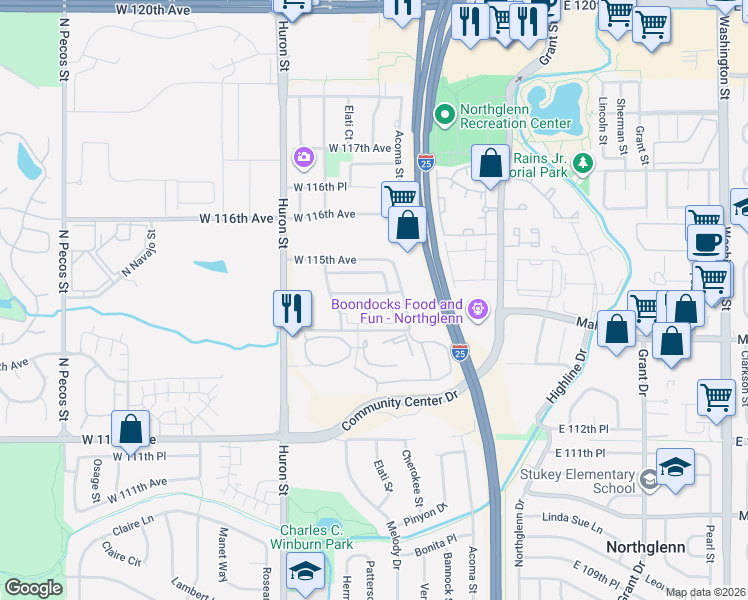 map of restaurants, bars, coffee shops, grocery stores, and more near 420 West 114th Place in Northglenn
