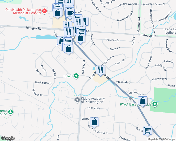 map of restaurants, bars, coffee shops, grocery stores, and more near 611 Windmiller Drive in Pickerington