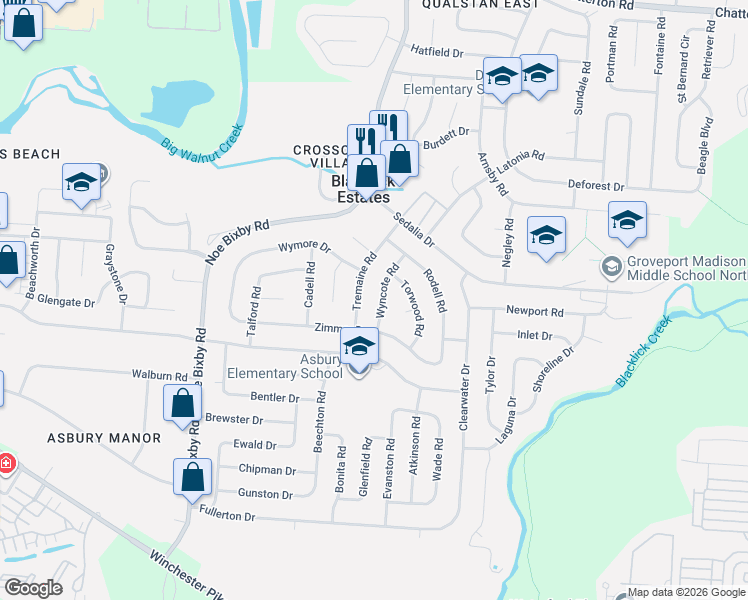 map of restaurants, bars, coffee shops, grocery stores, and more near in Blacklick Estates