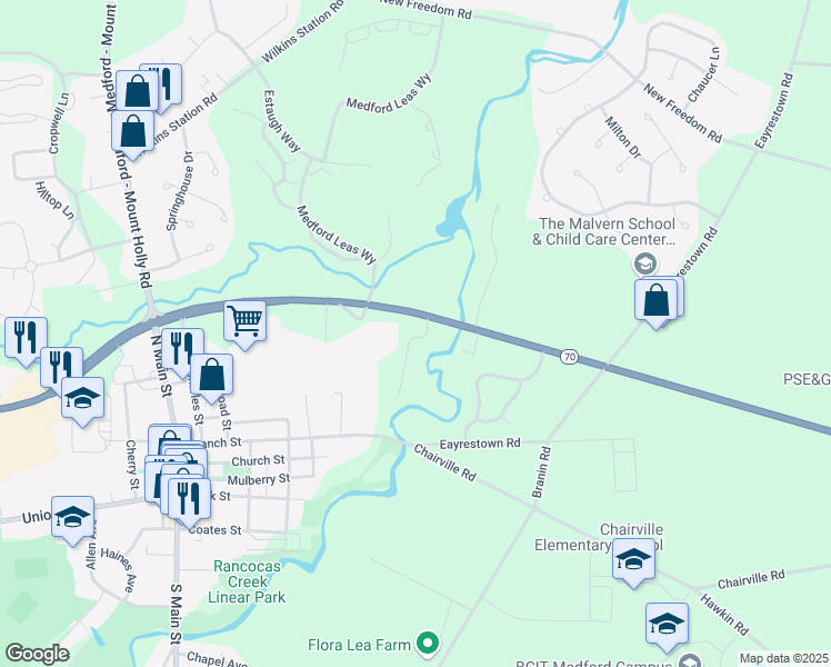 map of restaurants, bars, coffee shops, grocery stores, and more near 234 New Jersey 70 in Medford