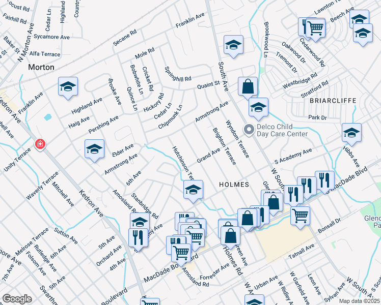 map of restaurants, bars, coffee shops, grocery stores, and more near 609 Lawnton Terrace in Delaware County