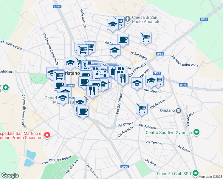 map of restaurants, bars, coffee shops, grocery stores, and more near 19 Via Santa Chiara in Oristano