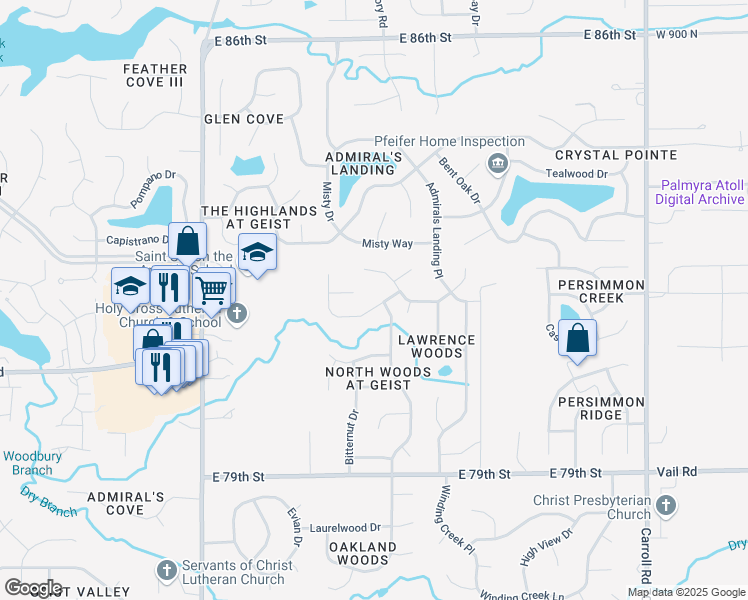 map of restaurants, bars, coffee shops, grocery stores, and more near 12150 Madrone Drive in Indianapolis