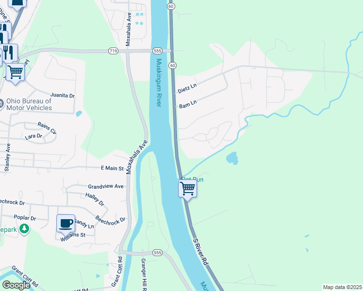map of restaurants, bars, coffee shops, grocery stores, and more near 2190 South River Road in Zanesville
