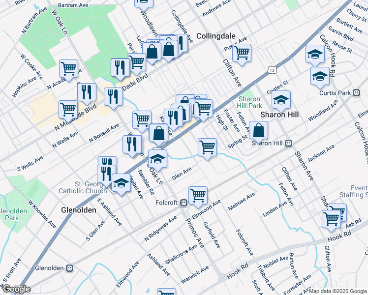 map of restaurants, bars, coffee shops, grocery stores, and more near 116 Folcroft Avenue in Folcroft
