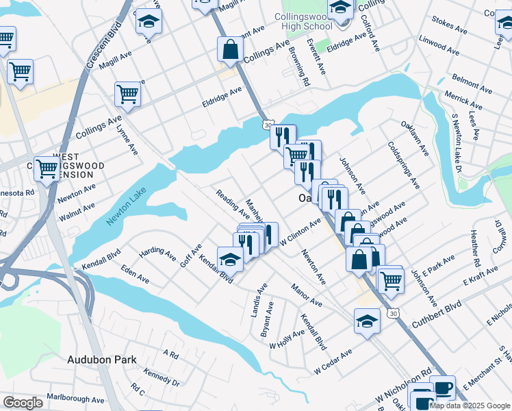 map of restaurants, bars, coffee shops, grocery stores, and more near 207 Manheim Avenue in Oaklyn