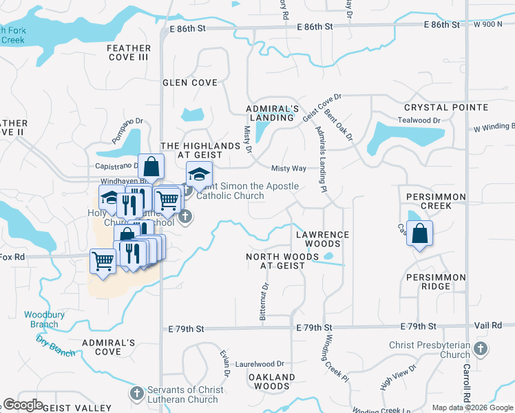 map of restaurants, bars, coffee shops, grocery stores, and more near 12115 Mockernut Court in Indianapolis