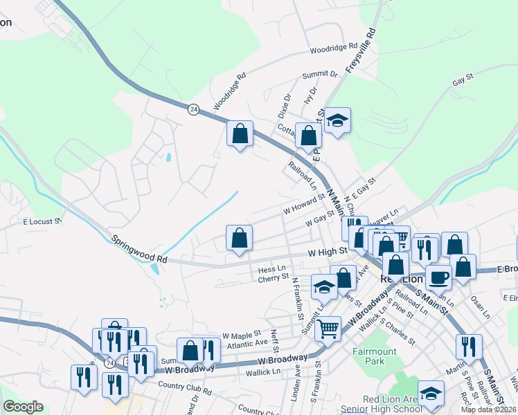 map of restaurants, bars, coffee shops, grocery stores, and more near 111A West Howard Street in Red Lion