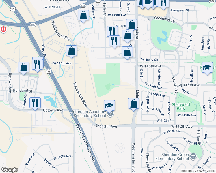 map of restaurants, bars, coffee shops, grocery stores, and more near 11449 Teller Street in Broomfield