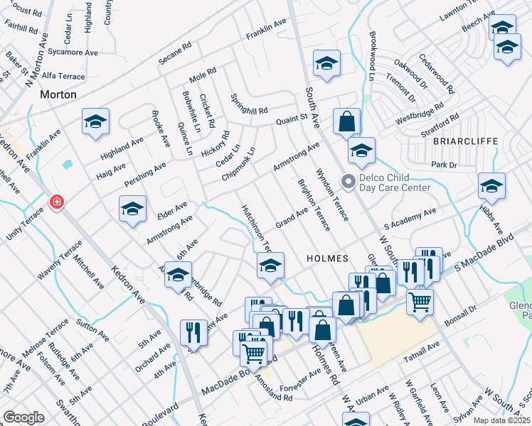 map of restaurants, bars, coffee shops, grocery stores, and more near 609 Lawnton Terrace in Delaware County
