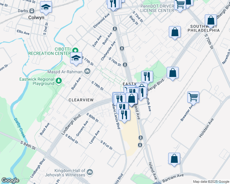 map of restaurants, bars, coffee shops, grocery stores, and more near 7701 Lindbergh Boulevard in Philadelphia