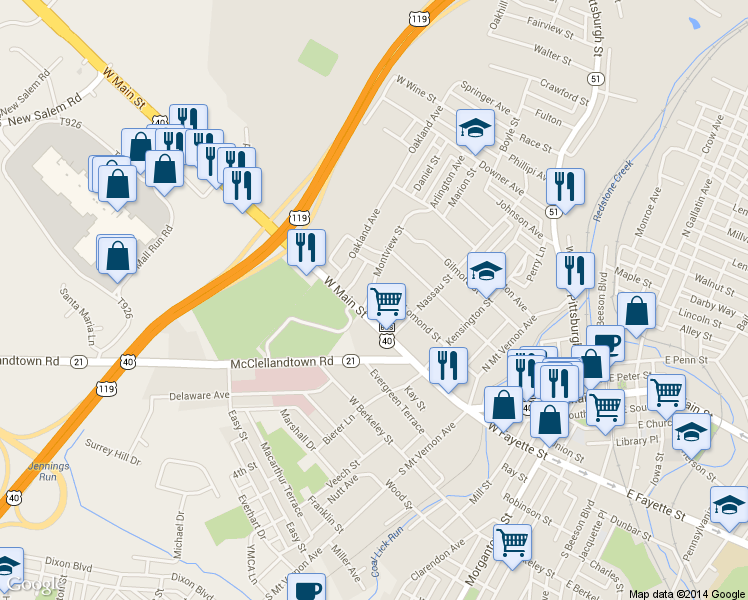 map of restaurants, bars, coffee shops, grocery stores, and more near 6 Montview Street in Uniontown