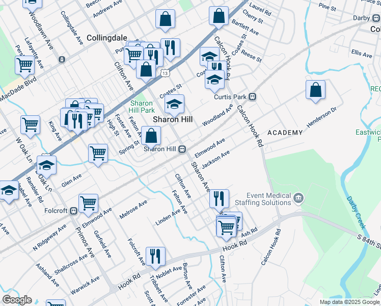 map of restaurants, bars, coffee shops, grocery stores, and more near 439 Sharon Avenue in Sharon Hill