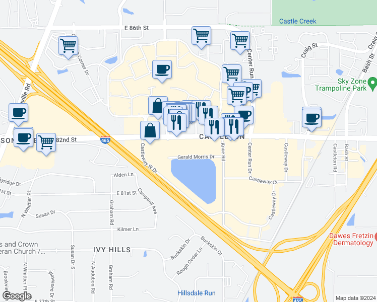 map of restaurants, bars, coffee shops, grocery stores, and more near 6142 Gerald Morris Drive in Indianapolis