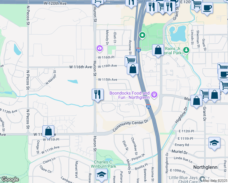 map of restaurants, bars, coffee shops, grocery stores, and more near 600 West 114th Place in Northglenn
