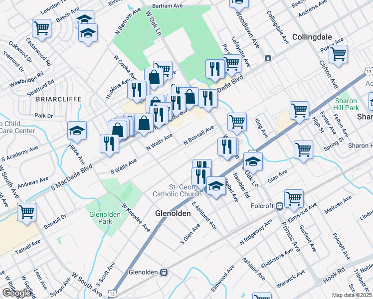 map of restaurants, bars, coffee shops, grocery stores, and more near 205 West Cooke Avenue in Glenolden