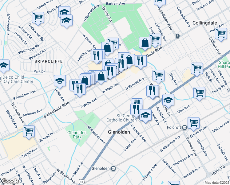 map of restaurants, bars, coffee shops, grocery stores, and more near 28 North Bonsall Avenue in Glenolden