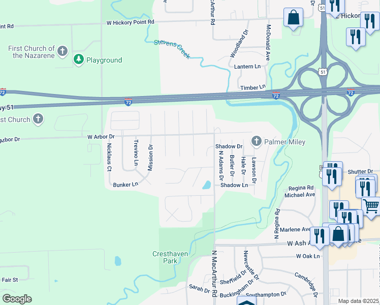 map of restaurants, bars, coffee shops, grocery stores, and more near 4631 Dogwood Court in Decatur