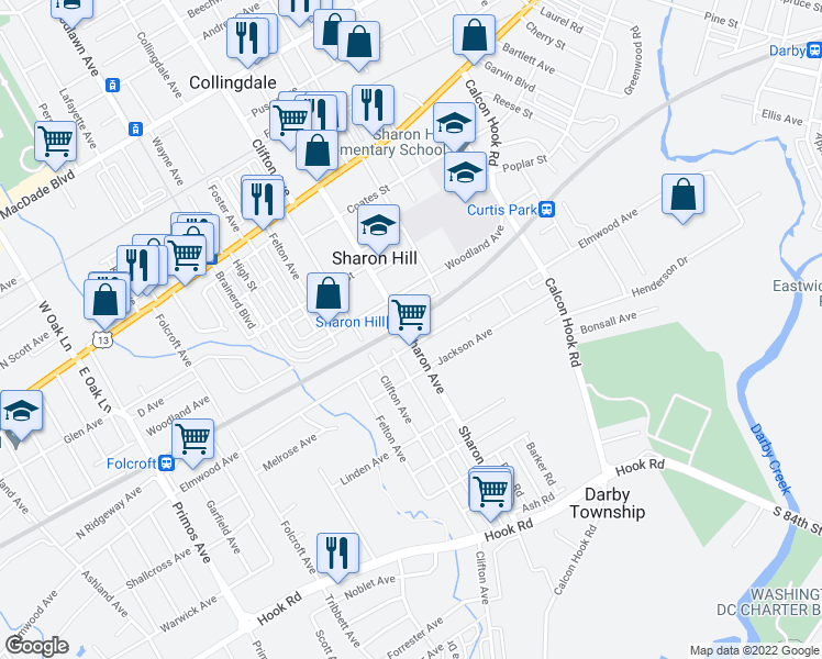 map of restaurants, bars, coffee shops, grocery stores, and more near 437 Sharon Avenue in Sharon Hill