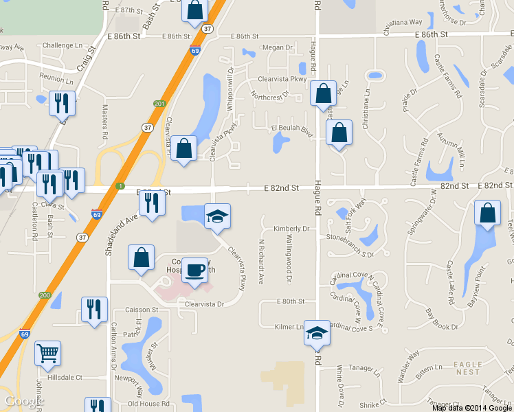 map of restaurants, bars, coffee shops, grocery stores, and more near 8154 North Richardt Avenue in Indianapolis