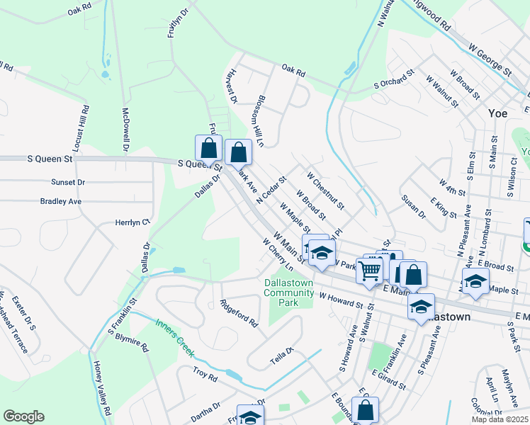 map of restaurants, bars, coffee shops, grocery stores, and more near 379 West Main Street in Dallastown