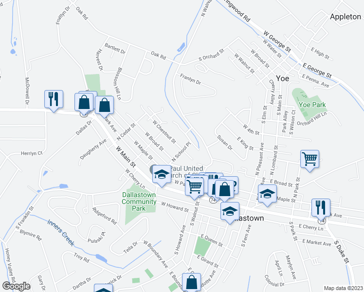 map of restaurants, bars, coffee shops, grocery stores, and more near 209 West Chestnut Street in Dallastown