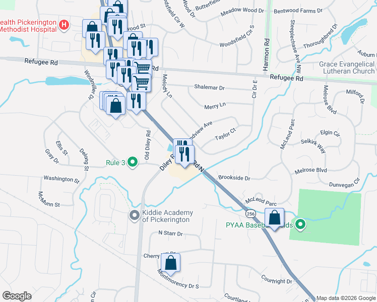 map of restaurants, bars, coffee shops, grocery stores, and more near 9835 Grandview Avenue in Pickerington