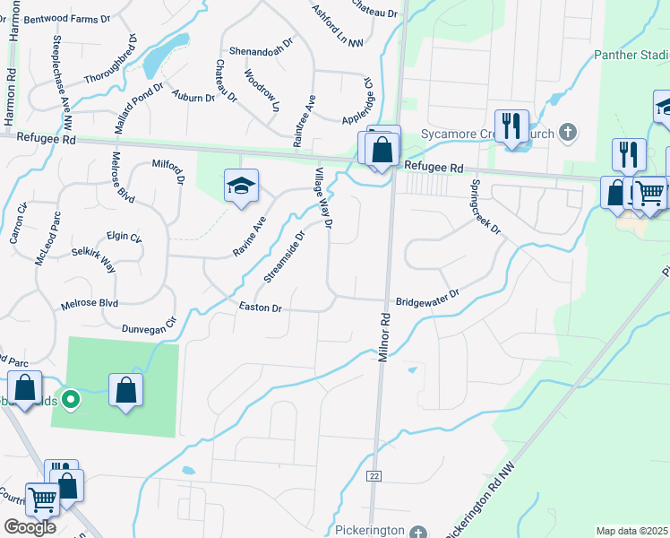 map of restaurants, bars, coffee shops, grocery stores, and more near 11724 Village Way Drive in Pickerington