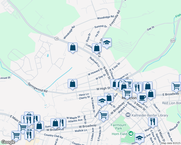 map of restaurants, bars, coffee shops, grocery stores, and more near 63 West Howard Street in Red Lion