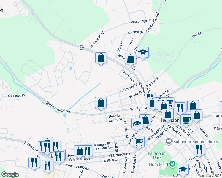 map of restaurants, bars, coffee shops, grocery stores, and more near 111A West Howard Street in Red Lion