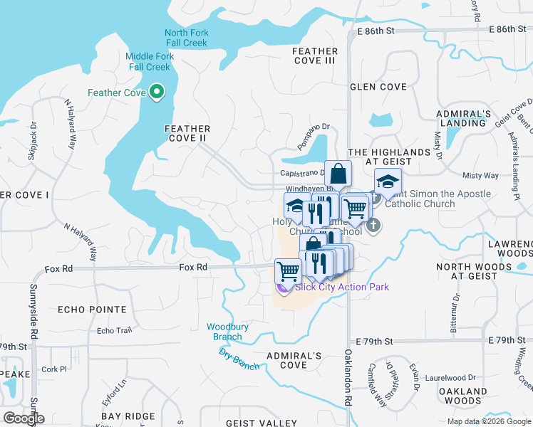 map of restaurants, bars, coffee shops, grocery stores, and more near 8180 La Habra Court in Indianapolis