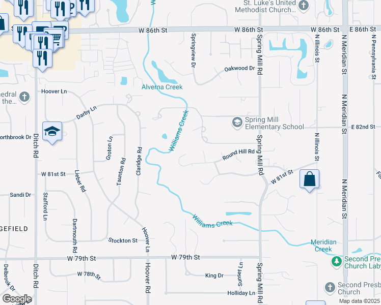 map of restaurants, bars, coffee shops, grocery stores, and more near 8176 Round Hill Court in Indianapolis