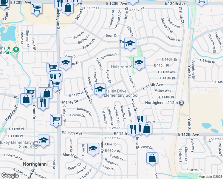 map of restaurants, bars, coffee shops, grocery stores, and more near 11451 Fowler Drive in Northglenn