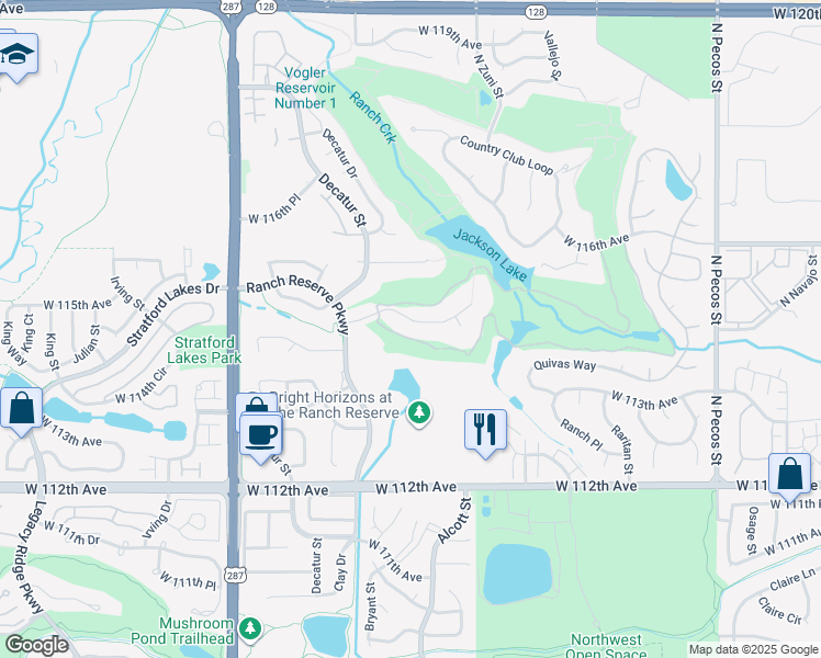 map of restaurants, bars, coffee shops, grocery stores, and more near 2560 Ranch Reserve Ridge in Westminster