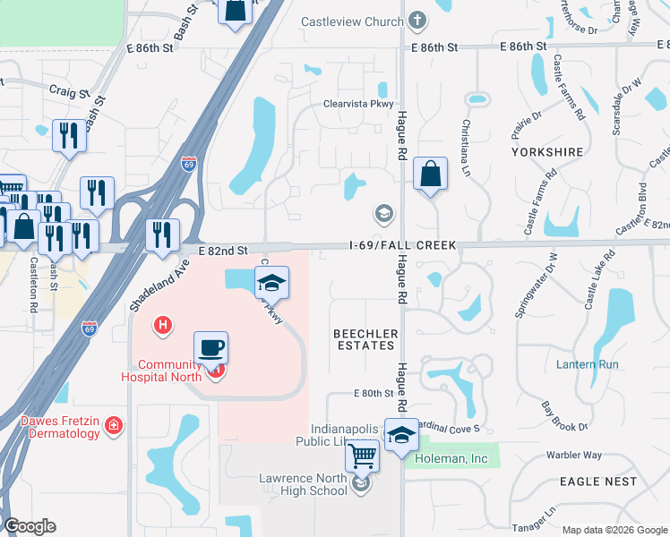 map of restaurants, bars, coffee shops, grocery stores, and more near 8154 North Richardt Avenue in Indianapolis