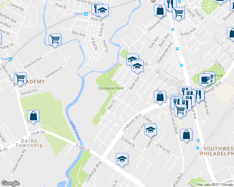 map of restaurants, bars, coffee shops, grocery stores, and more near 7919 Mars Place in Philadelphia