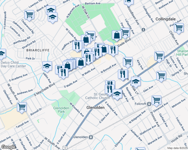 map of restaurants, bars, coffee shops, grocery stores, and more near 36 North Bonsall Avenue in Glenolden