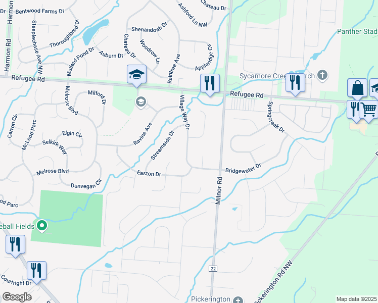 map of restaurants, bars, coffee shops, grocery stores, and more near 11724 Village Way Drive in Pickerington