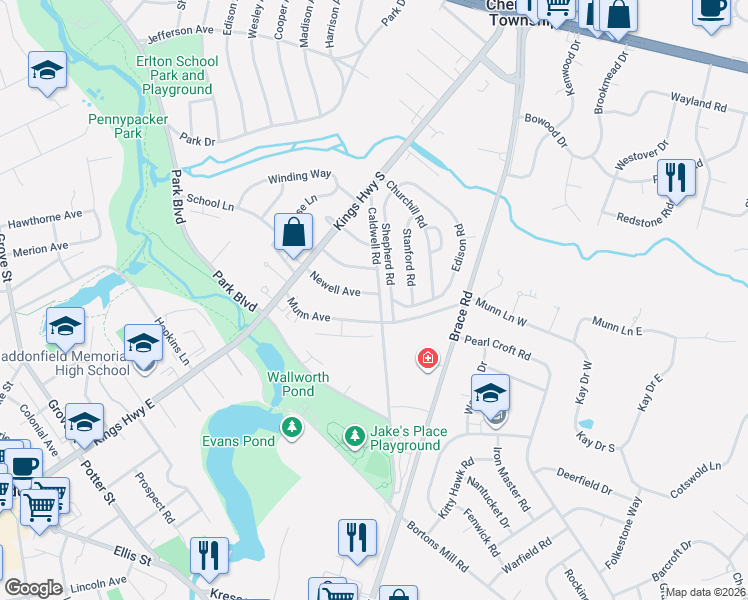 map of restaurants, bars, coffee shops, grocery stores, and more near 44 Newell Avenue in Cherry Hill